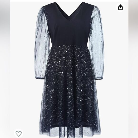 Plus Size Mesh Cocktail Party Dress V Neck Long Sleeve Sheer Formal Midi Dress - Picture 4 of 14